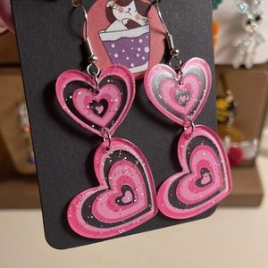 Pink Double‎ Hearts Glittery Acrylic Earrings